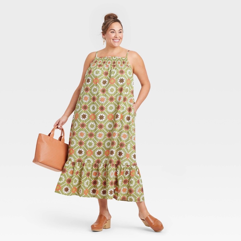 Universal Thread XXL Sleeveless Tiered Green Ikat Maxi Dress Plus Size Pockets